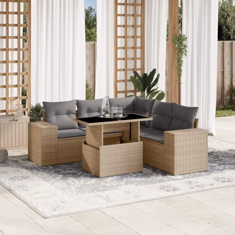 Set Divano da Giardino vidaXL 6 pz a Forma a L in Polyrattan con Cuscini Beige e Tavolino da Esterno