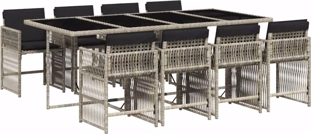 Set Pranzo da Giardino 9pz con Cuscini Grigio Chiaro Polyrattan