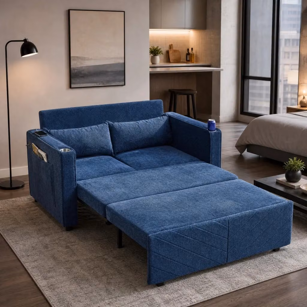 Divano letto trasformabile MIVRAY in tessuto blu con sistema scorrevole e porte USB per soggiorno o ufficio – 2