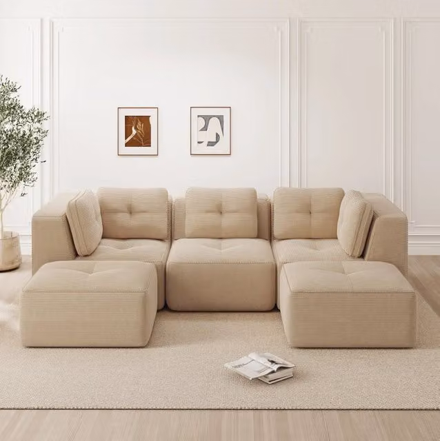 Divano angolare modulare in corduroy beige 297x177x69 cm con seduta profonda