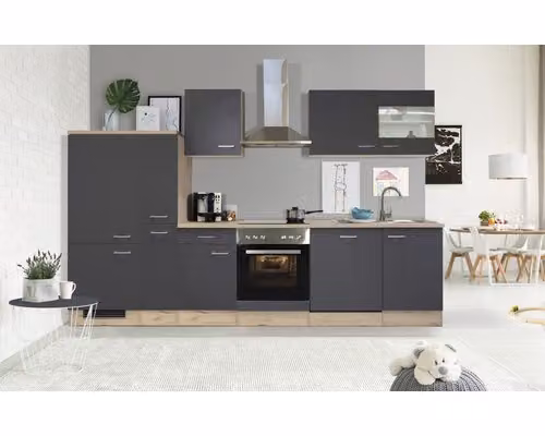 Mobile cucina con elettrodomestici Flex Well Tiago 310 cm colore frontale grigio basalto opaco colore mobile rovere san remo chiaro