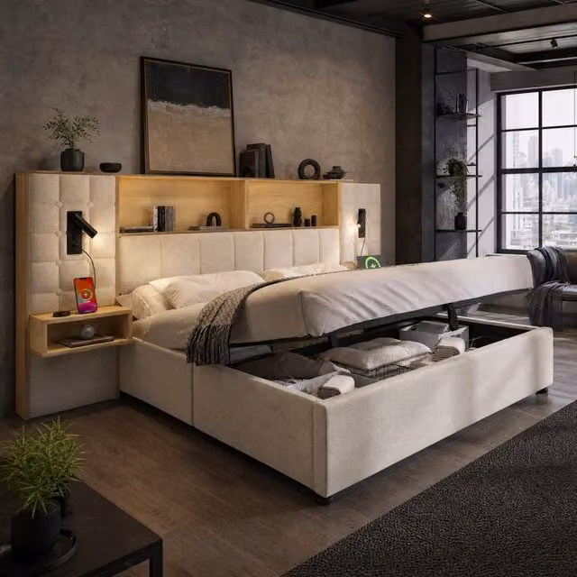 Letto imbottito 180x200 cm beige con contenitore, LED, 2 lampade da lettura, 2 comodini integrati e porte di ricarica USB Type-C, tessuto in lino, rete a doghe inclusa, senza materasso
