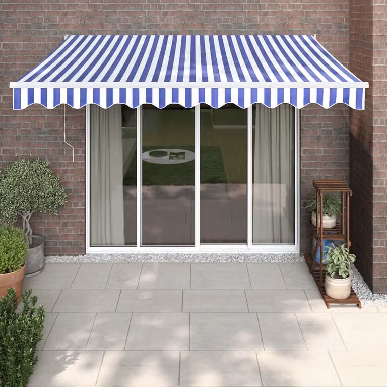 Tenda da sole retrattile vidaXL con bracci pieghevoli in alluminio e tessuto in poliestere, Blu e Bianca, L: 350 cm x P: 250 cm