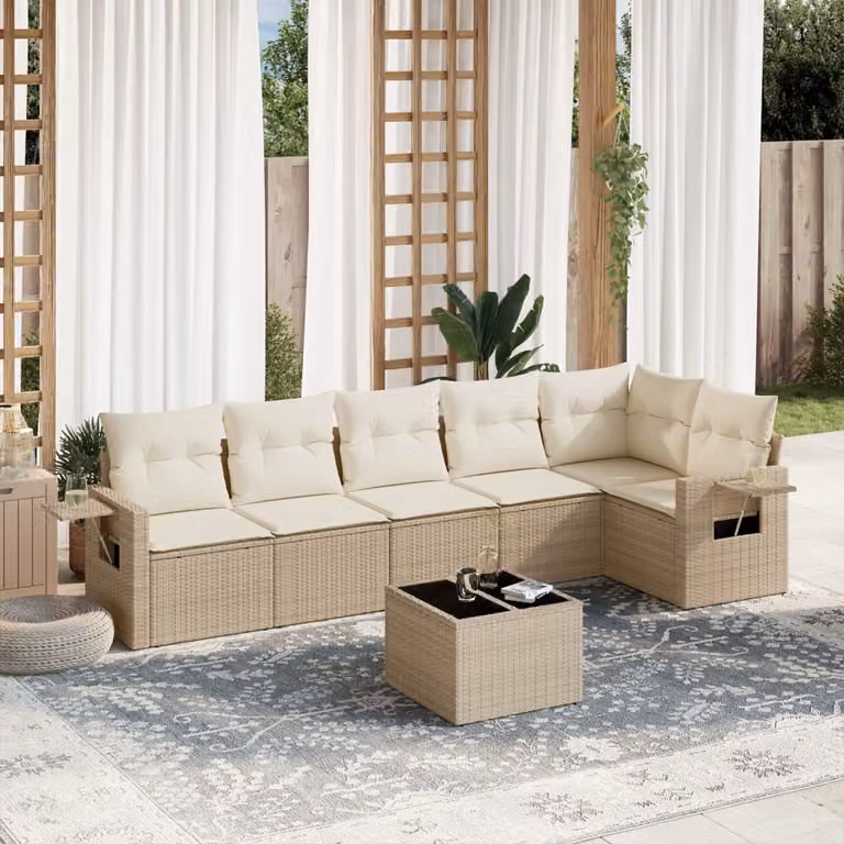 vidaXL Set Divani da Giardino 7 pz in Polyrattan Beige con Cuscini e Tavolino da Esterno