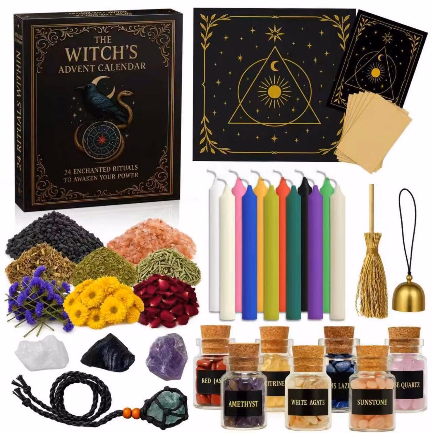 Calendario dell'Avvento 2026: 24 giorni. Accessori a tema streghe, cristalli spirituali, candela ametista, kit per principianti della Wicca