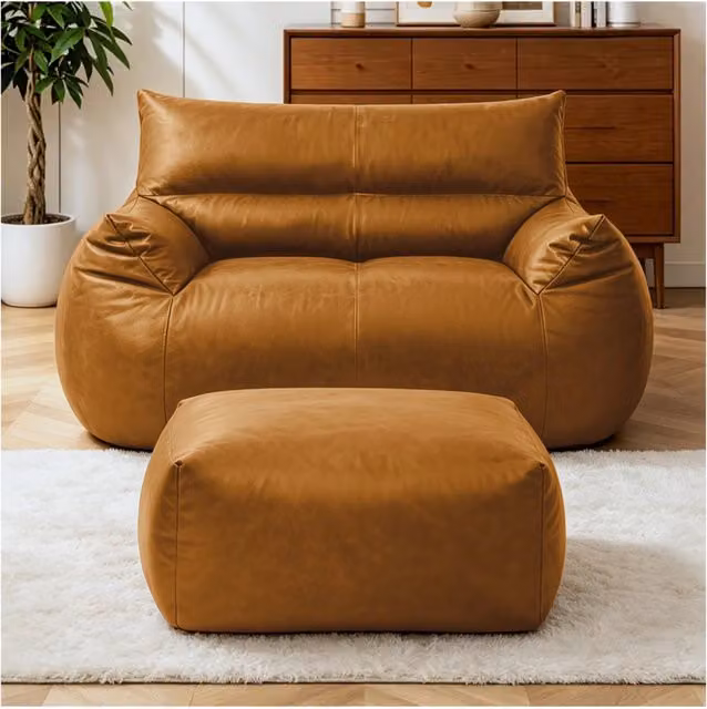 Poltrona Sacco Marrone con Pouf in Tessuto Tecnico, Imbottitura in Memory Foam