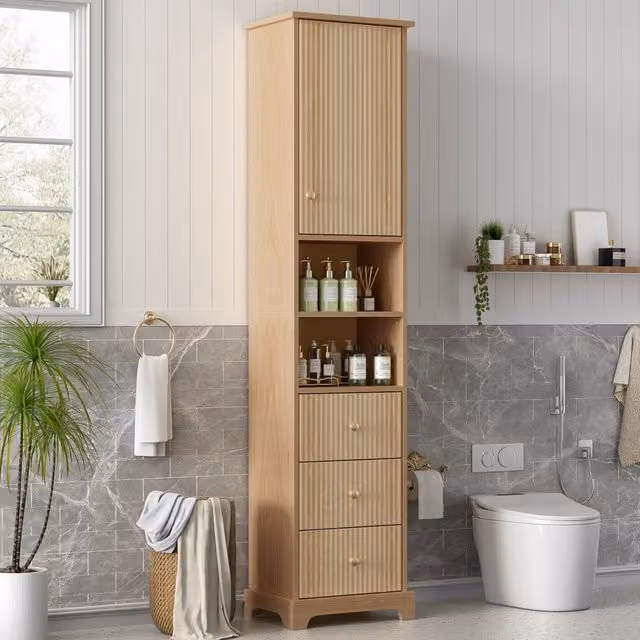 Armadietto da bagno OKWISH moderno in MDF beige con 3 cassetti, anta e vani aperti, L/P/H: 40 x 30 x 172 cm