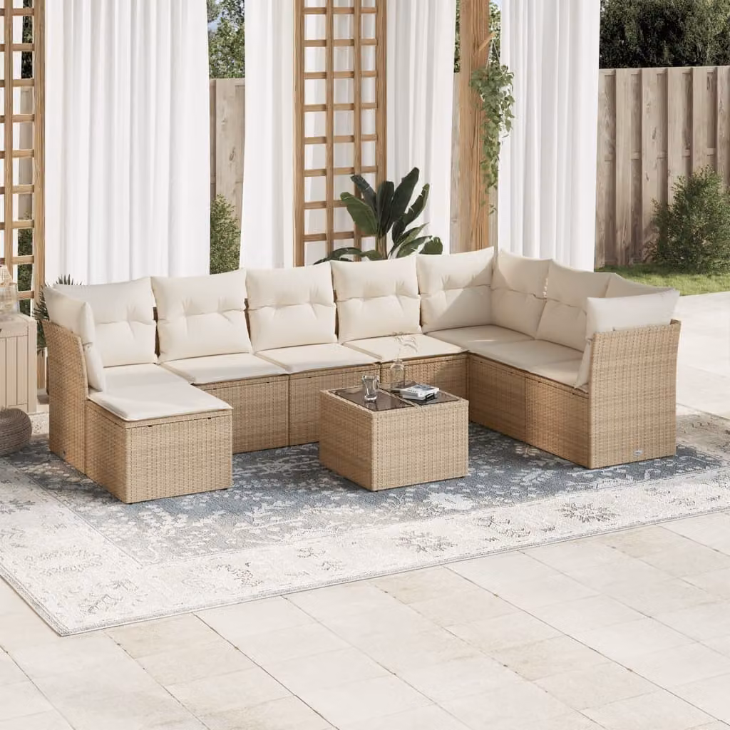 vidaXL Set Divano da Giardino 9 pz in Polyrattan Beige con Cuscini e Tavolino da Caffè
