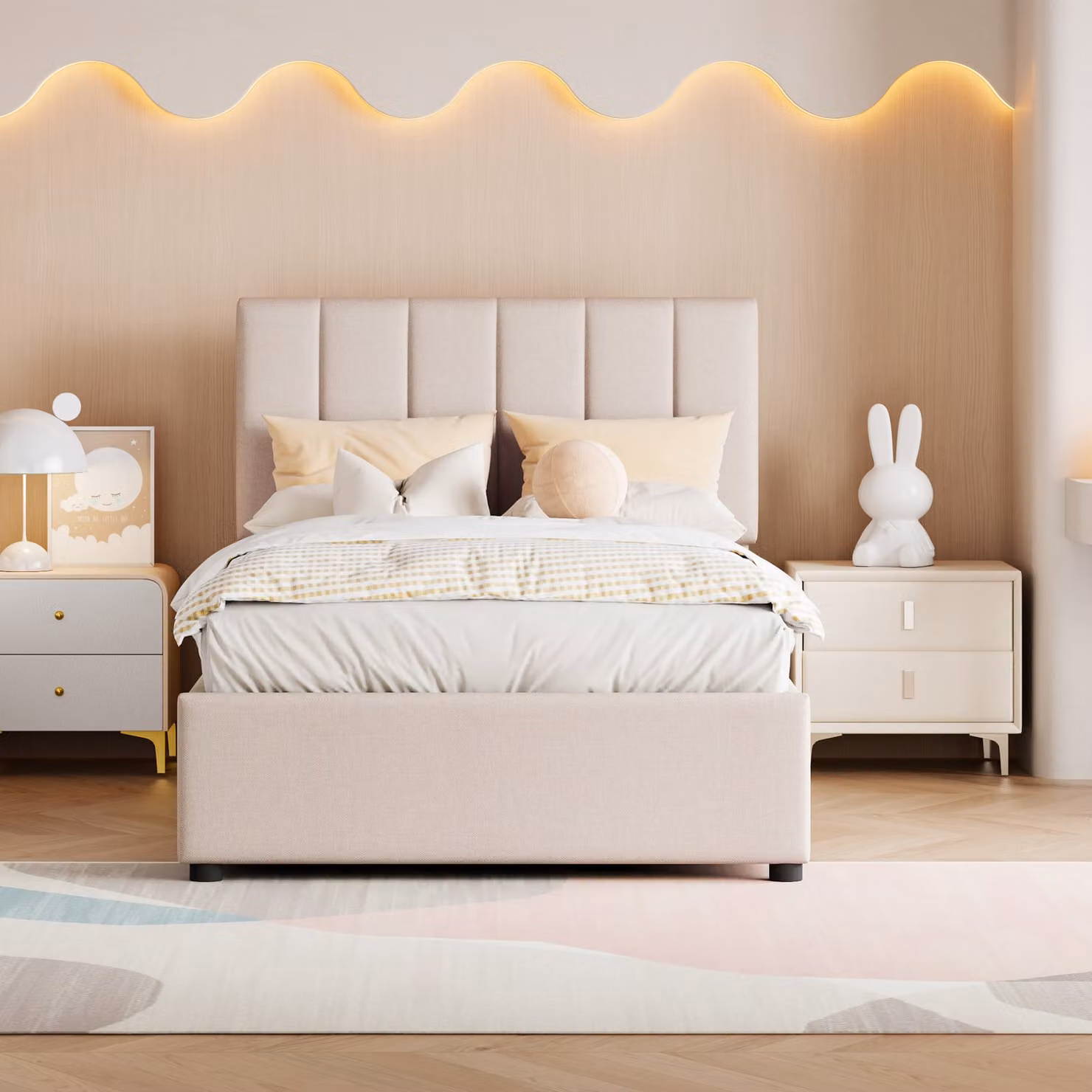 Letto imbottito per bambini MODFU, letto contenitore idraulico (letto boxer alto in lino delicato sulla pelle, 90*200 cm), senza materasso