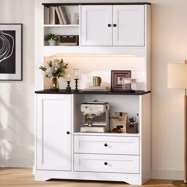 Mobile alto da cucina 100×40×163 cm in MDF con illuminazione LED, prese integrate, spazio per microonde e ripiani regolabili
