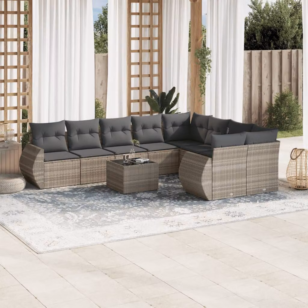 vidaXL Set Divano da Giardino 10 Pezzi a Forma di U in Polyrattan Grigio con Cuscini e Tavolino da Caffè – 1