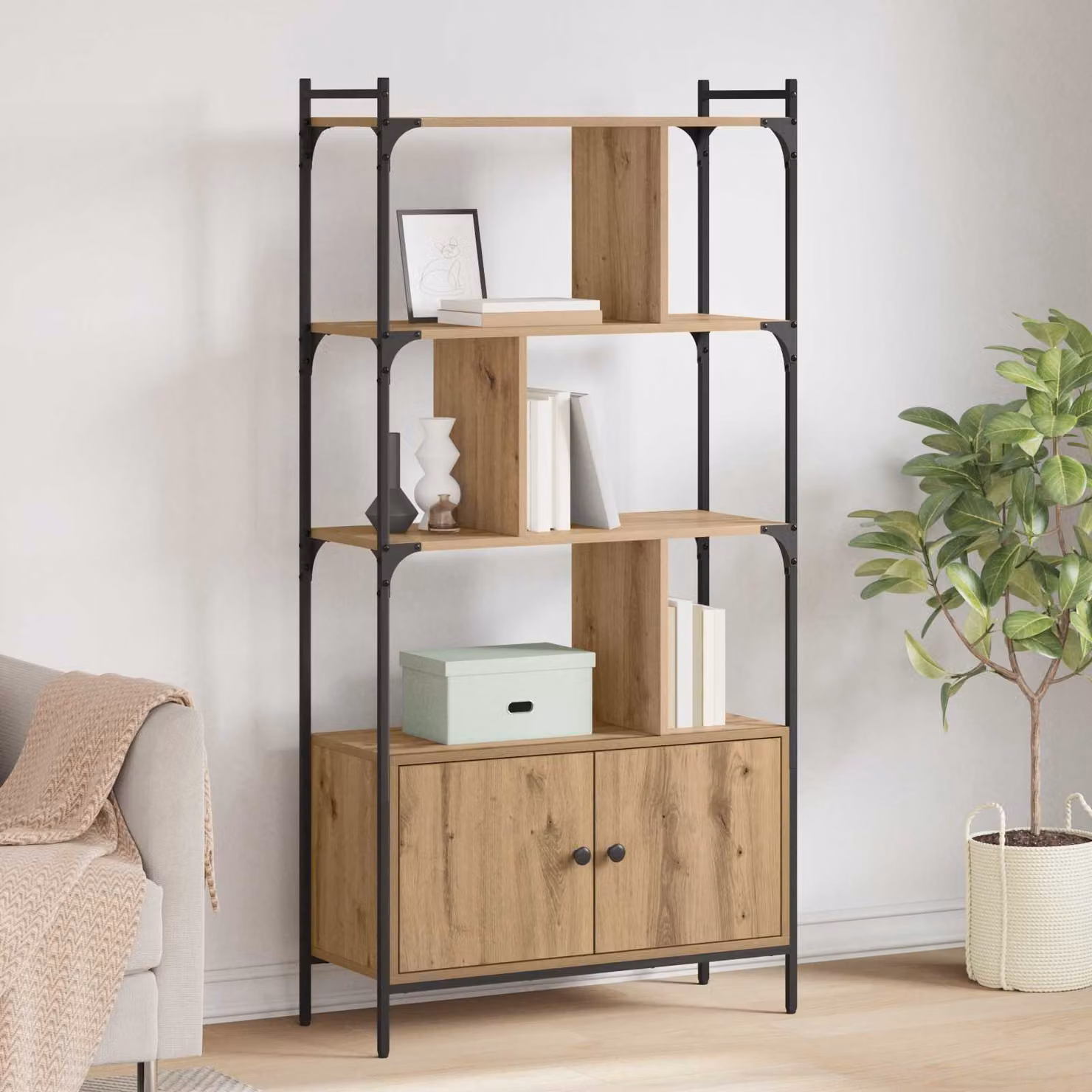 Libreria moderna vidaXL in legno e metallo con ante e ripiani interni, L/P/H: 76,5 x 30 x 154,5 cm, nero e marrone