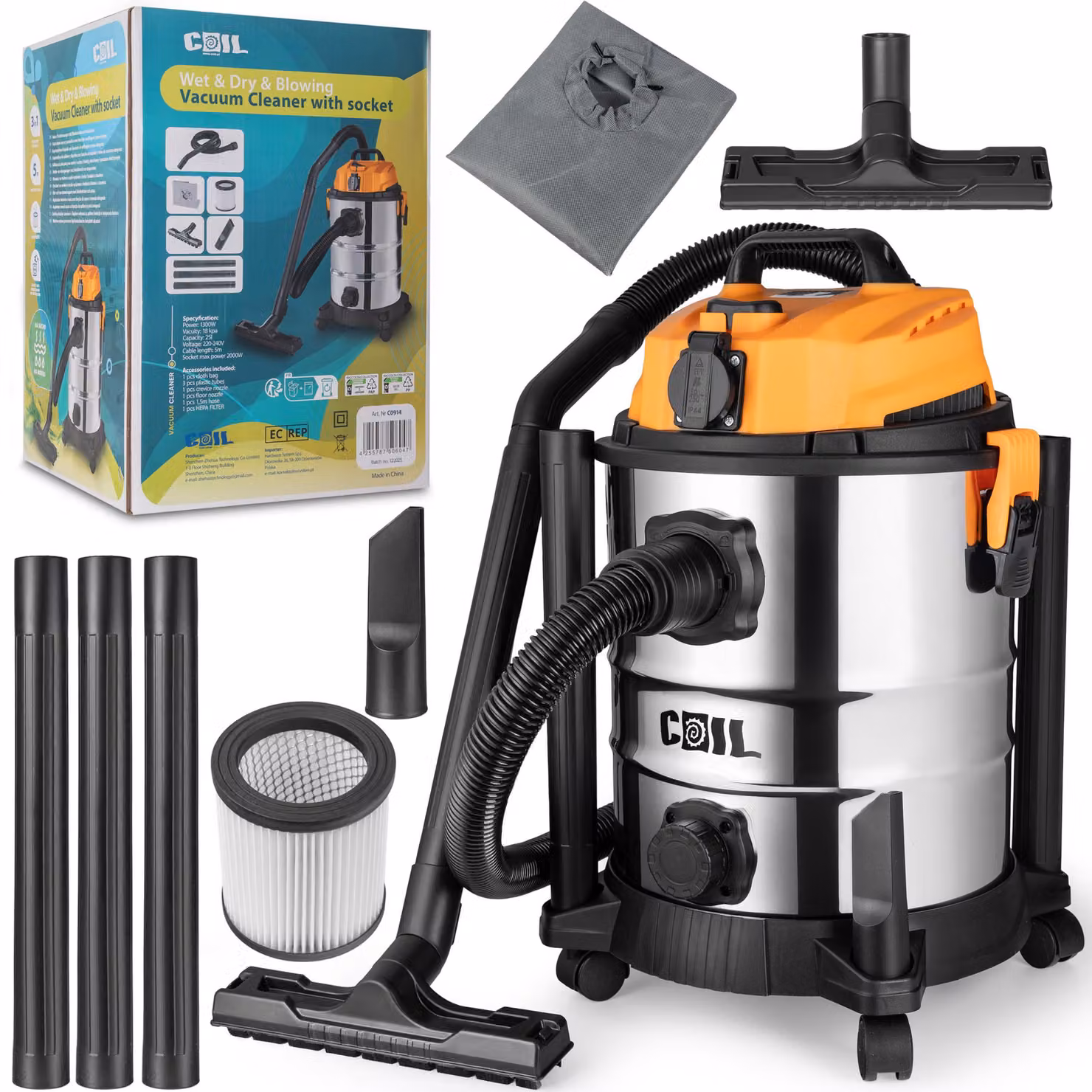 Aspirapolvere industriale COIL Profi per liquidi e solidi, con presa di corrente e funzione di soffiaggio, 1300 W, senza sacchetto, 25 litri, 220-240 V, 18 kPa, filtro HEPA,