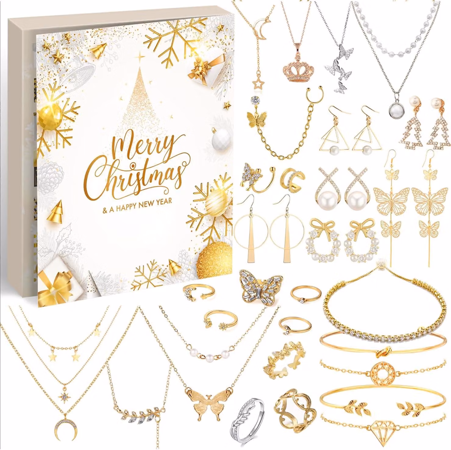 Calendario dell'Avvento a tema gioielli: 24 gioielli dorati, set regalo, perfetto per il periodo natalizio