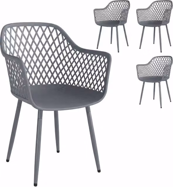 Set di 4 sedie da giardino, in plastica resistente ai raggi UV, con braccioli e schienale, 56 x 51 x 84 cm, grigio scuro.