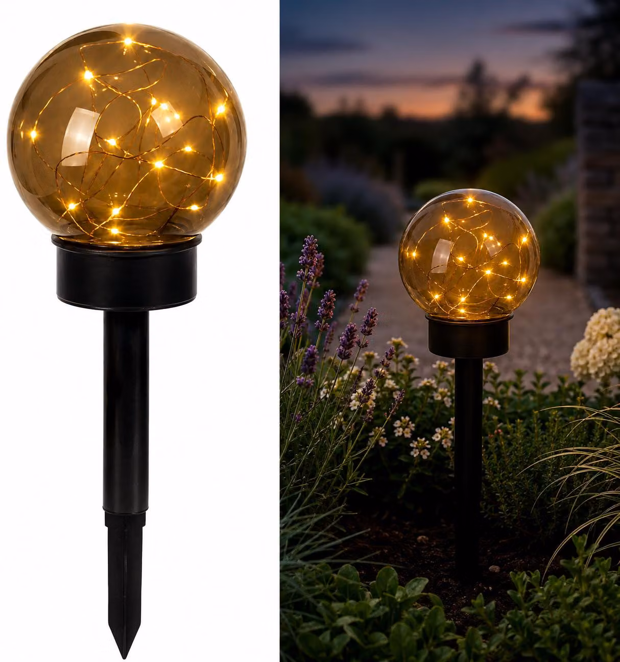 LUMILED Lampada solare per giardino, sfera LED grigio fumo, 15 cm. Lampada solare, lampada da giardino, modello GLORIS, grado di protezione IP44. Sfera solare per esterni, lampada decorativa per giardino, luce calda bianco 3000K, sfera grigia con picchett