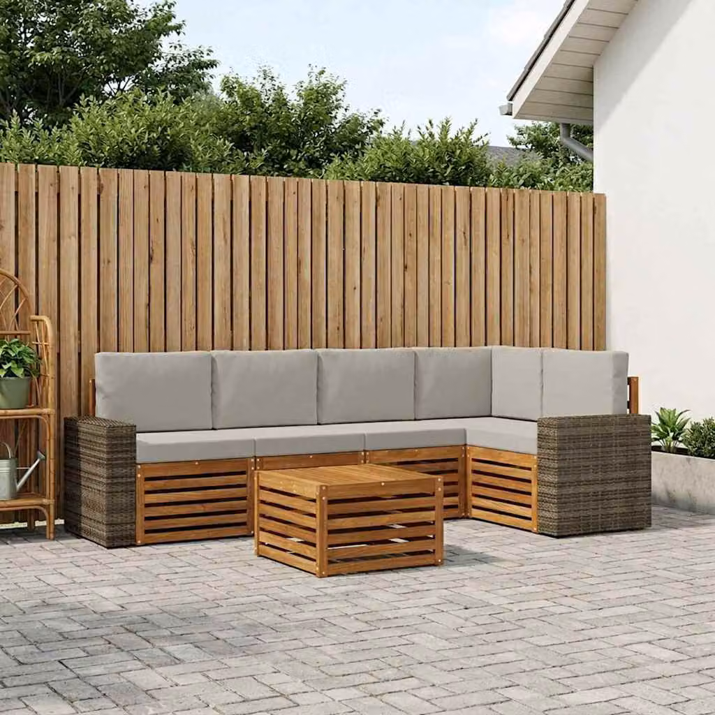 Set di divani da esterno vidaXL 6 pz in legno di acacia con tavolo da caffè e cuscini, composizione a L destra, beige e grigio