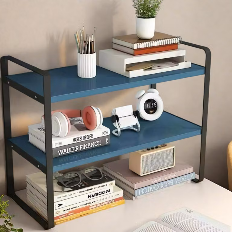 Omgoods - Organizer da scrivania in legno con 2 ripiani, nero e blu