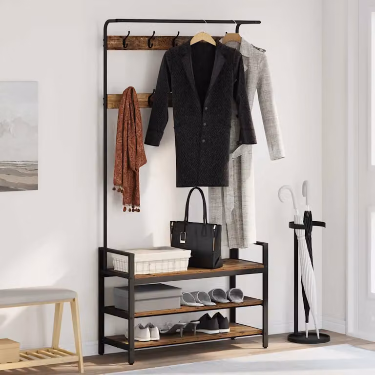vidaXL Appendiabiti con Panca e Ganci in Legno e Metallo, Colore Marrone e Nero, L 95 x P 34 x H 184 cm