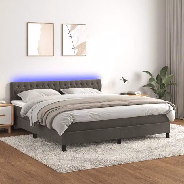 Letto Ibrido con Materasso e Illuminazione LED vidaXL in Velluto Grigio L/P: 160 x 200 cm