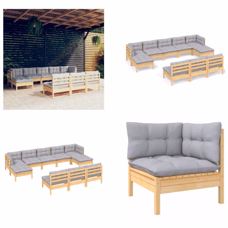 vidaXL Set salotto da giardino 10 pezzi con cuscini grigi in legno di pino - Set salotto da giardino - Set salotto da giardino - Set mobili da giardino - Set mobili da giardino