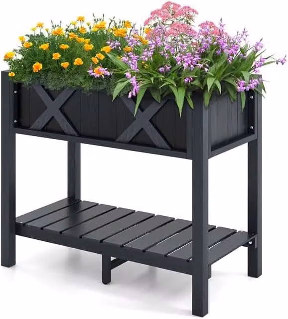 Fioriera Rialzata da Esterno Costway con Piano di Appoggio e Fori di Drenaggio, Aiuola Rettangolare in Plastica per Orto e Giardino, Grigio Scuro