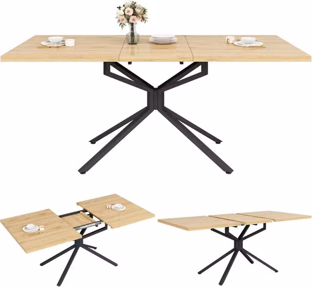 Tavolo da pranzo allungabile 140-180 cm con vano contenitore; MDF e metallo; effetto legno marrone scuro
