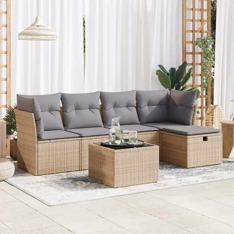 Set Divano da Giardino vidaXL 6 pz in Polyrattan con Cuscini Beige e Grigio