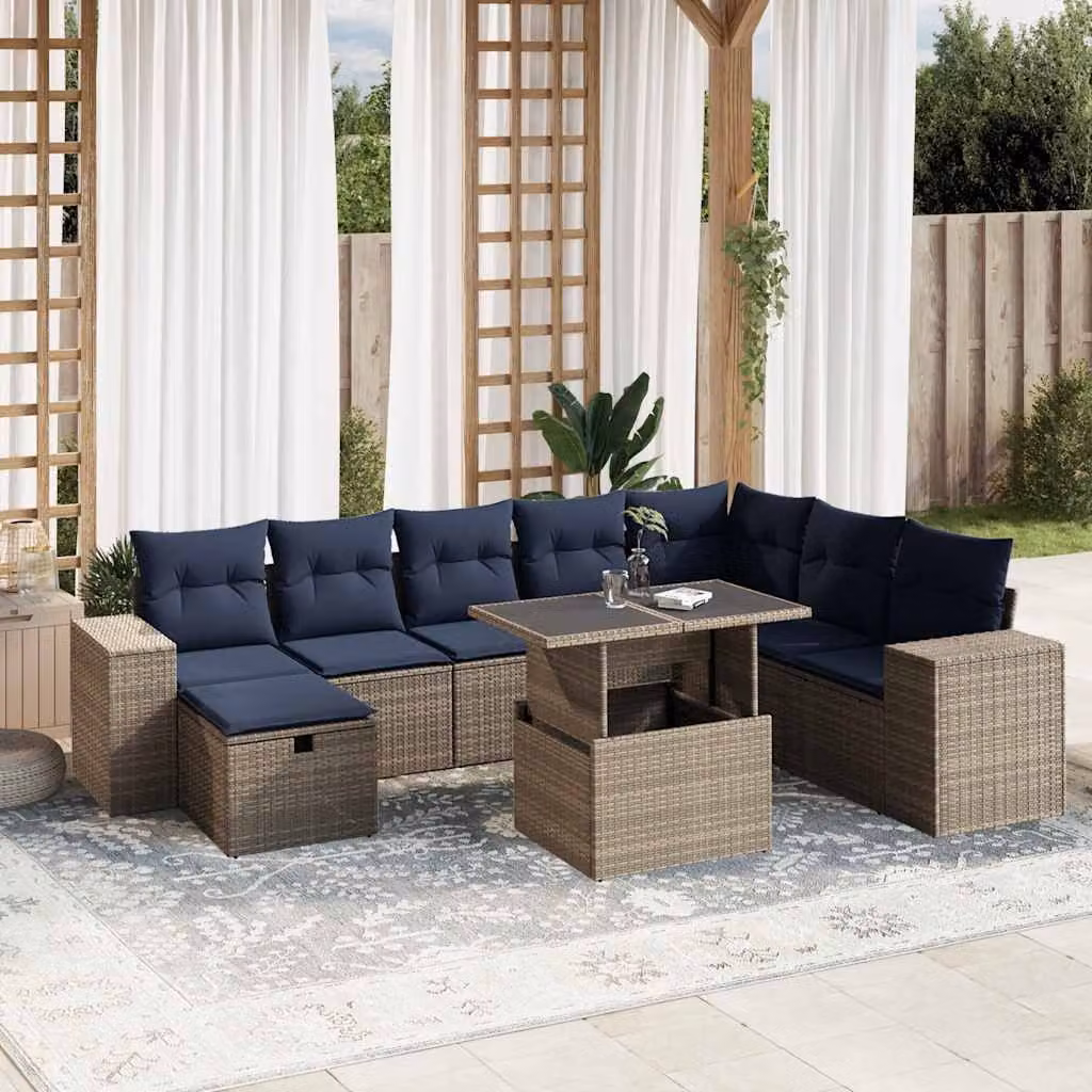 Set di divani da giardino vidaXL 9 pezzi in polyrattan grigio con cuscini e tavolino da esterno a forma di L