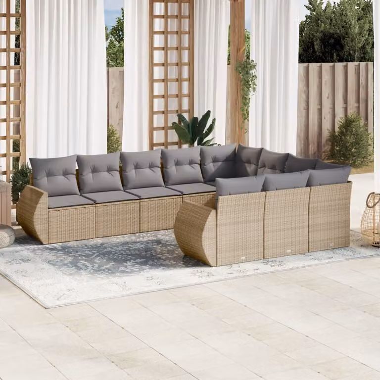 vidaXL Set Divano da Giardino a L 10 pz in Polyrattan con Cuscini Beige e Grigio e Struttura in Acciaio