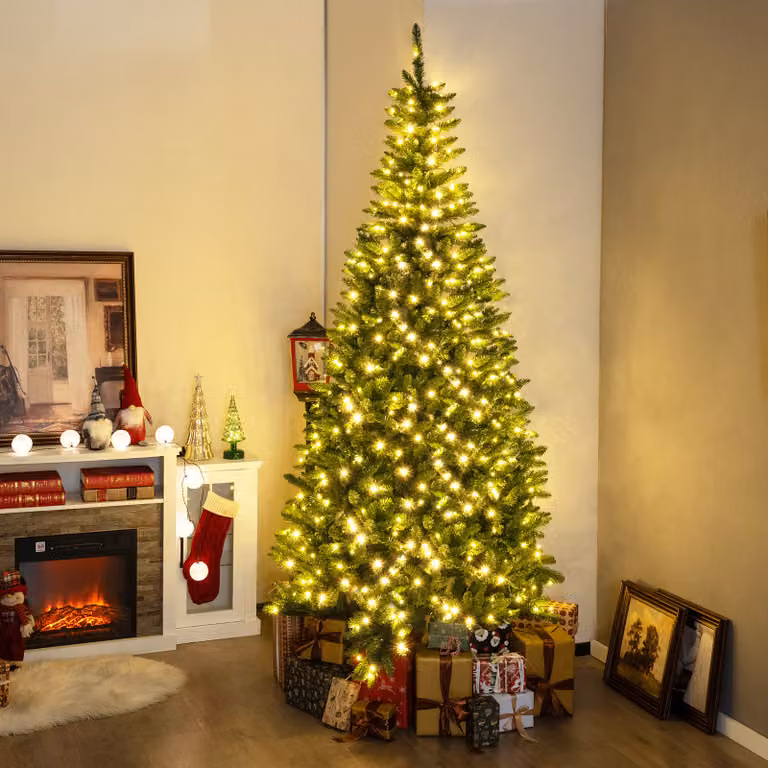 COSTWAY Albero di Natale artificiale da 240 cm con illuminazione per angolo a 270°, albero di Natale con 360 luci LED bianco caldo, albero di Natale con struttura a cerniera