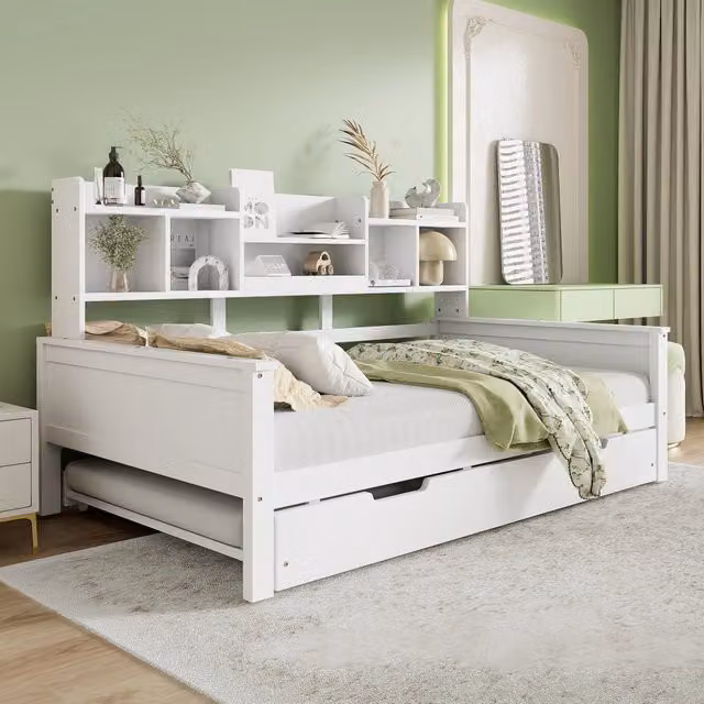 Desviae Letto singolo multifunzione con letto estraibile vani portaoggetti rete a doghe in legno di pino bianco per camera
