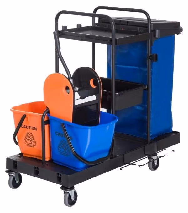 Carrello per la pulizia, L111 x P63,3 x A103 cm, portata massima 25 kg, contiene due ripiani, strizzatore rimovibile, quattro ruote scorrevoli