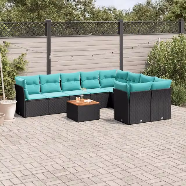 Set Divani da Giardino 10 pz con Cuscini Nero in Polyrattan 3256148