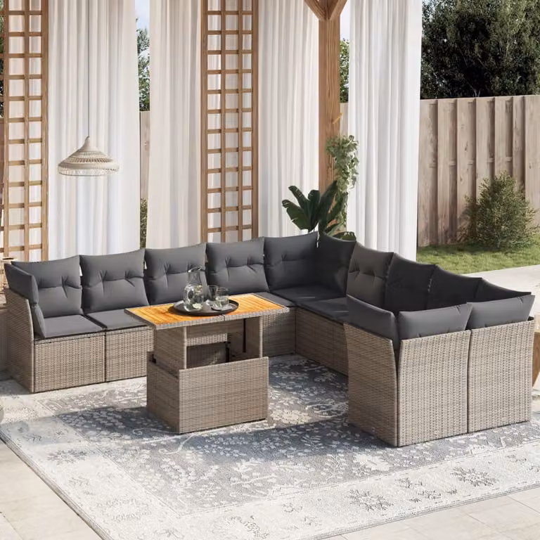 vidaXL Set Divani da Giardino 11 pz in Polyrattan Grigio con Cuscini e Tavolino da Esterno