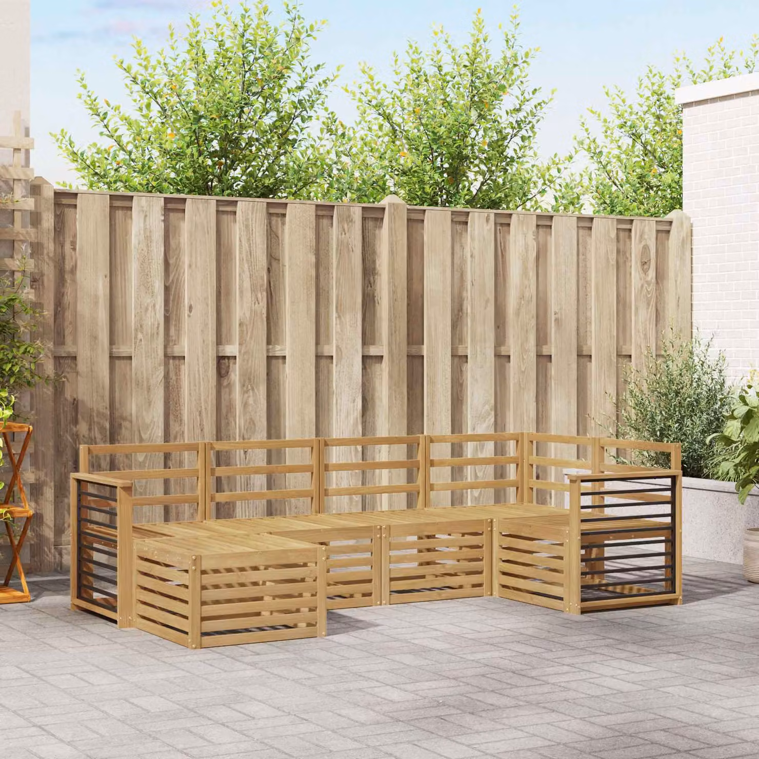 Set di divani da esterno vidaXL a forma di U composto da 6 pezzi in legno di acacia e poliestere bianco con cuscini inclusi