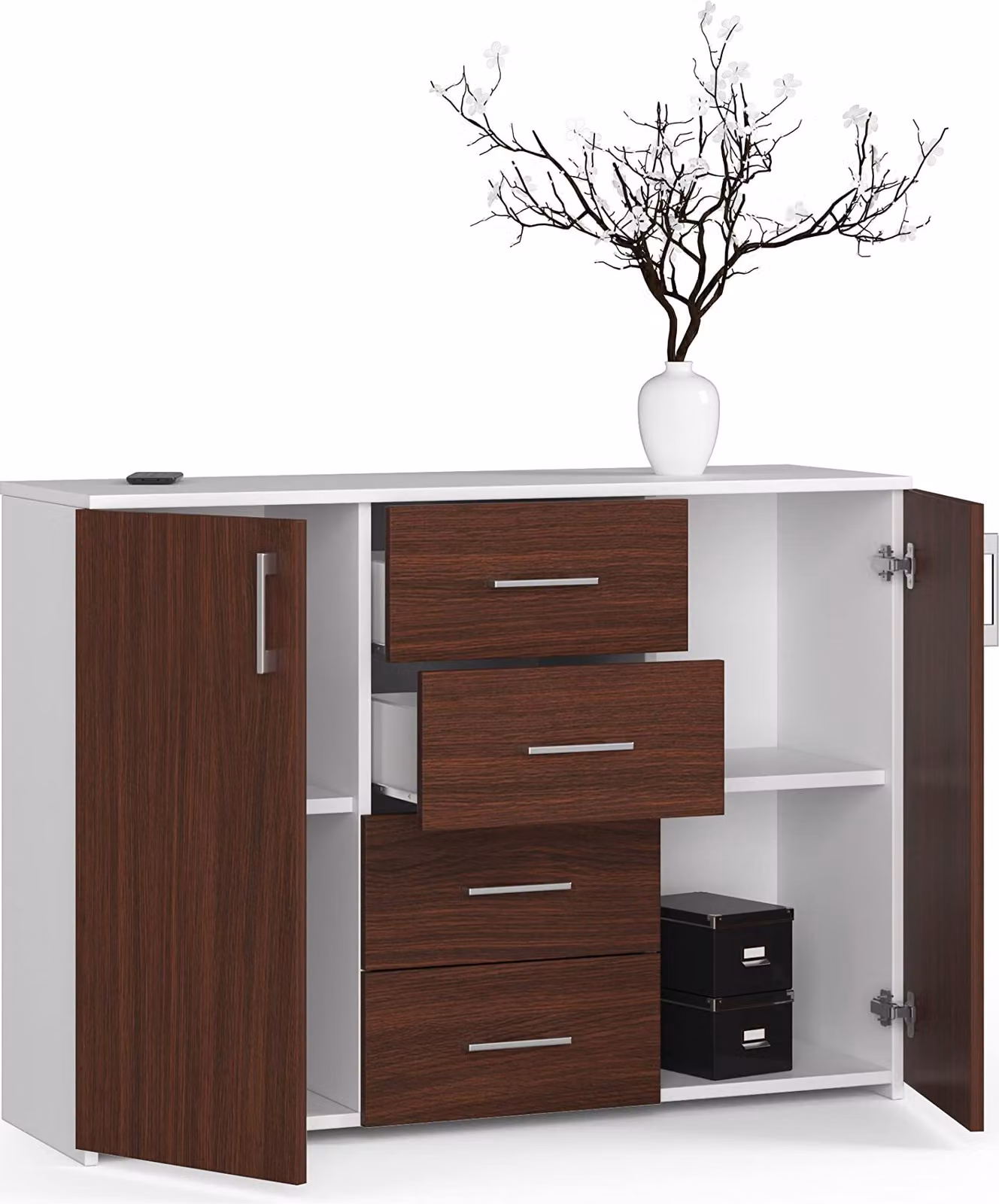 Cassettiera con 4 cassetti e 2 ante, 110x80x35, soggiorno, bianco / Venga