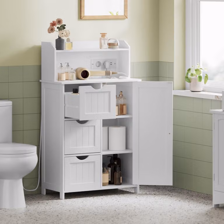 Mobiletto da bagno VASAGLE con 1 anta e 3 cassetti, dimensioni 60 x 30 x 100,5 cm, colore bianco nuvola, dotato di 3 cassetti e 1 anta