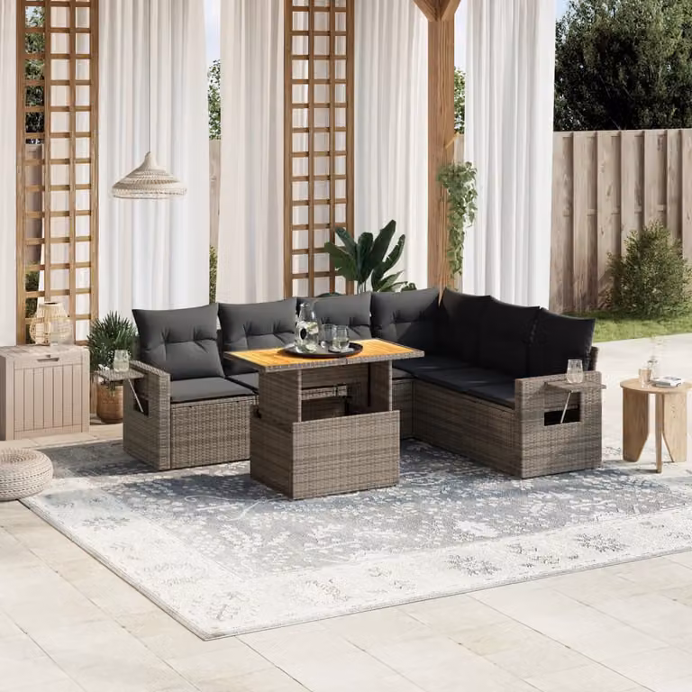 Set Divani da Giardino vidaXL 7 Pezzi in Polyrattan Grigio con Cuscini e Tavolino