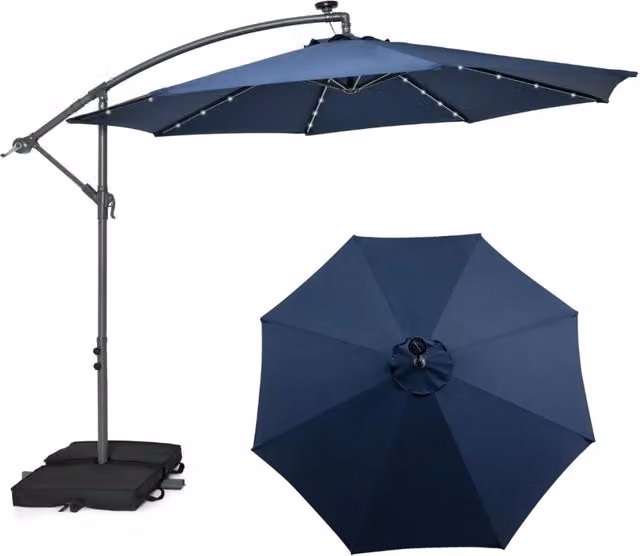 Ombrellone pendente da esterno con 32 luci LED e pannello solare, colore blu scuro, diametro 3 m