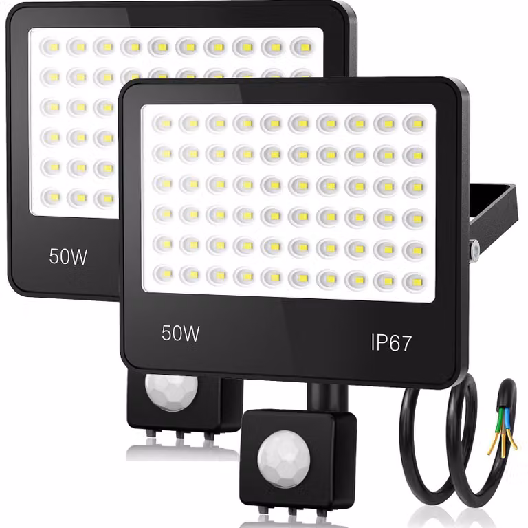 Fari LED da 50W, 5000 lumen, con sensore di movimento, set da 2, grado di protezione IP67