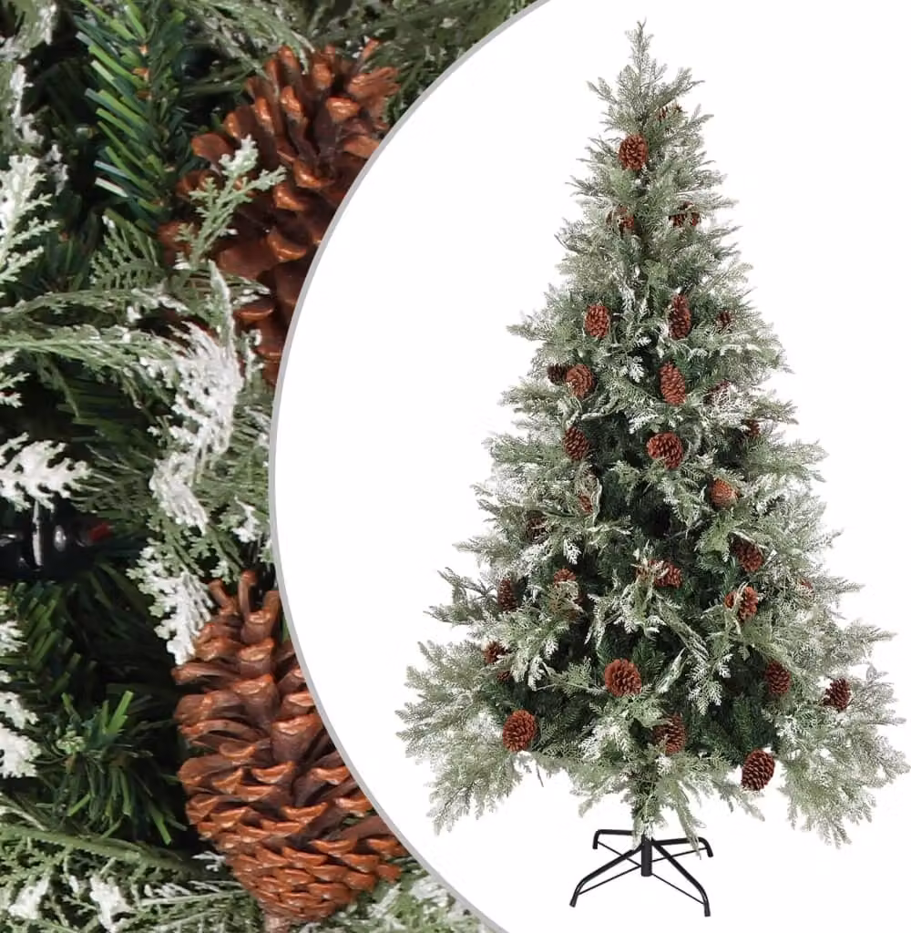 The Living Store Albero di Natale con pigne verdi e bianche 195 cm PVC & PE