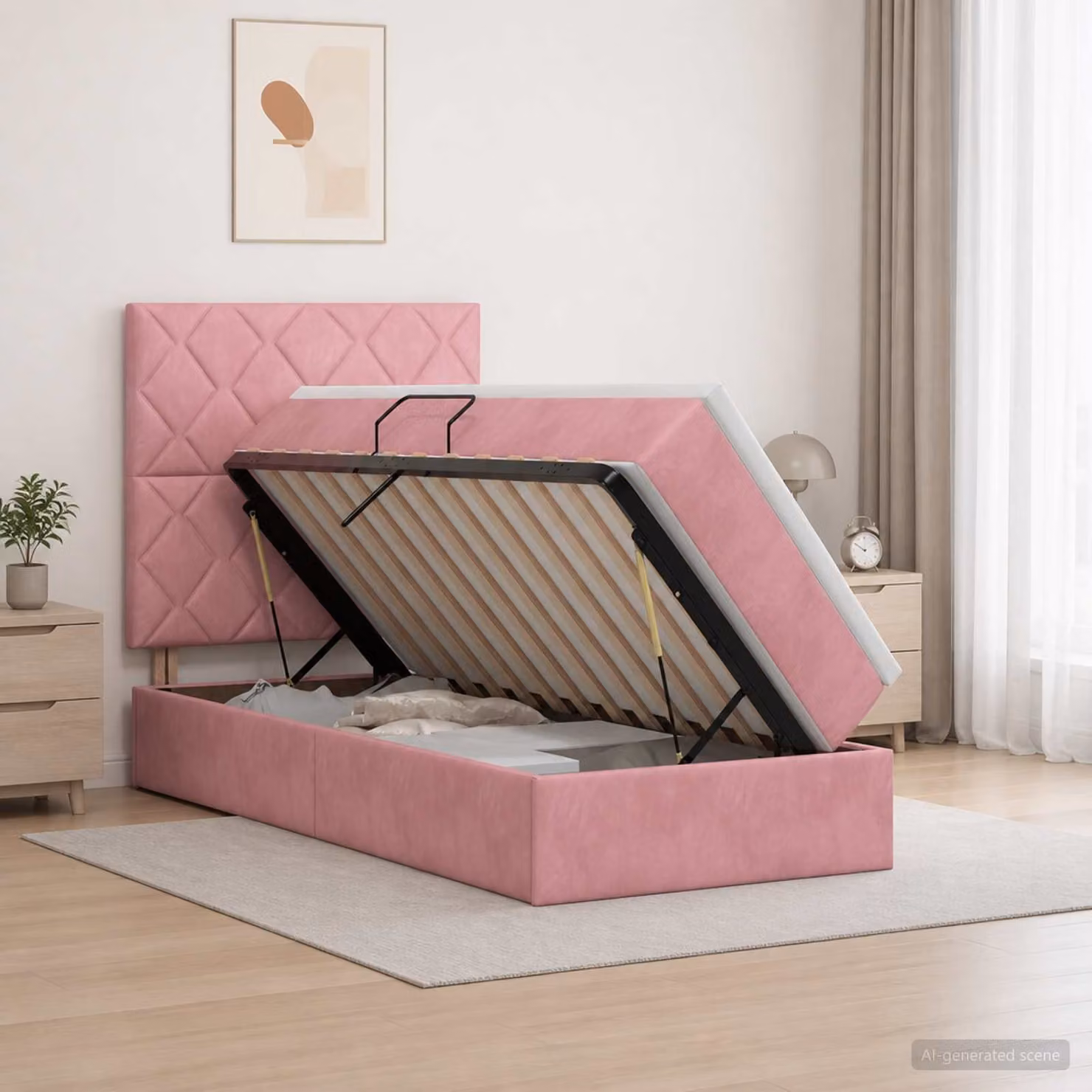 Letto con contenitore vidaXL in velluto rosa con illuminazione LED e porta USB, comprensivo di materasso in schiuma, L/P/H: 90 x 200 x 128 cm