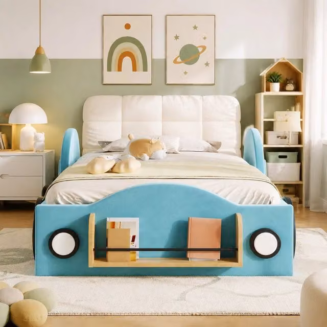 Letto imbottito 90x200 blu con contenitore idraulico, tasche e cuscino