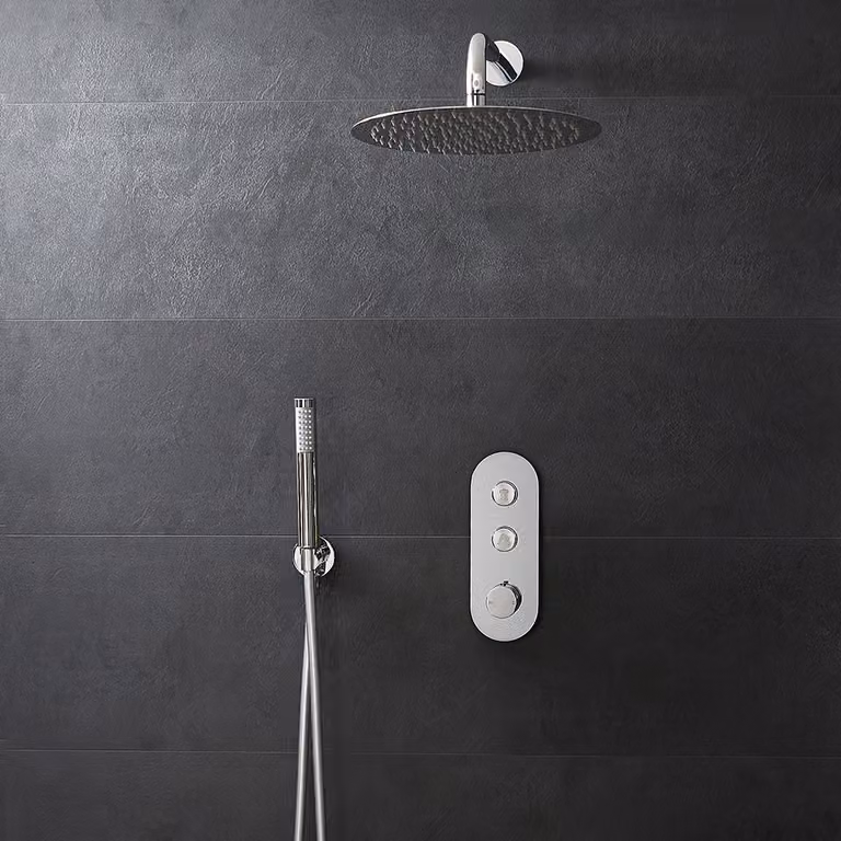 Set Doccia Termostatico con Pulsanti, Soffione e Doccetta con Supporto a Parete (2 Vie) - Cromo - Idro