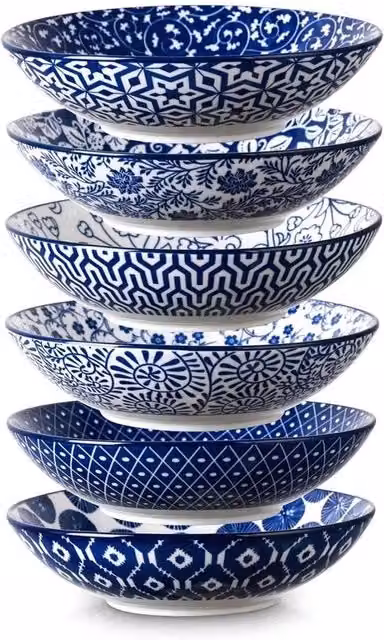 Set di pasta e insalata ceramica - confezione da 6 - blu vintage - 32 oz