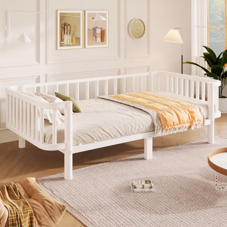 Letto a terra okwish 90x200 con ringhiera di sicurezza, letto singolo con rete a doghe in acciaio, letto per bambini bianco, senza materasso