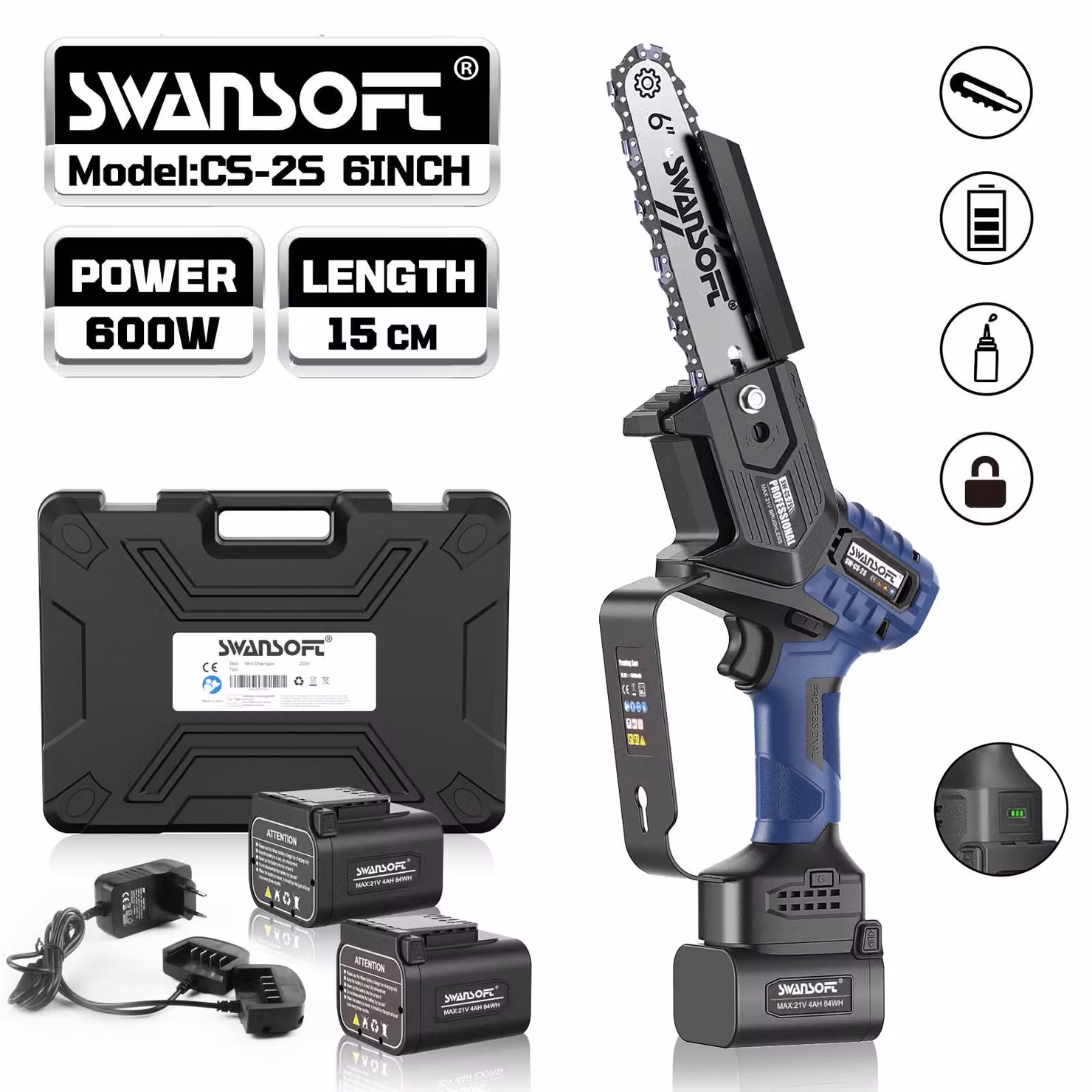 Troncatrice elettrica - 6 pollici - 600 W - Batteria da 21 V - Per lavorazione del legno