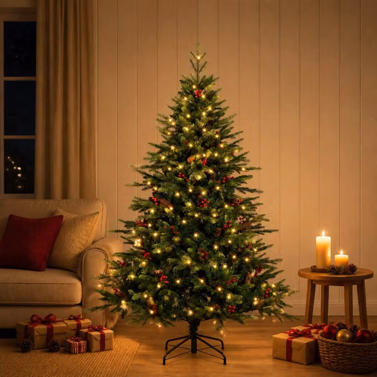 Albero di Natale Artificiale Moderno vidaXL Verde con 150 LED Luce Bianca Calda e Rami Pieghevoli in PVC e Metallo, Altezza: 150 cm