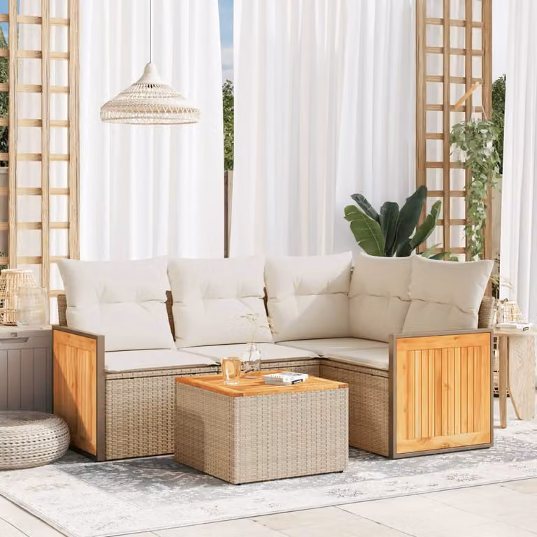 vidaXL Set Divano da Giardino a L 5 pz con Cuscini Beige e Tavolino in Polyrattan e Legno di Acacia